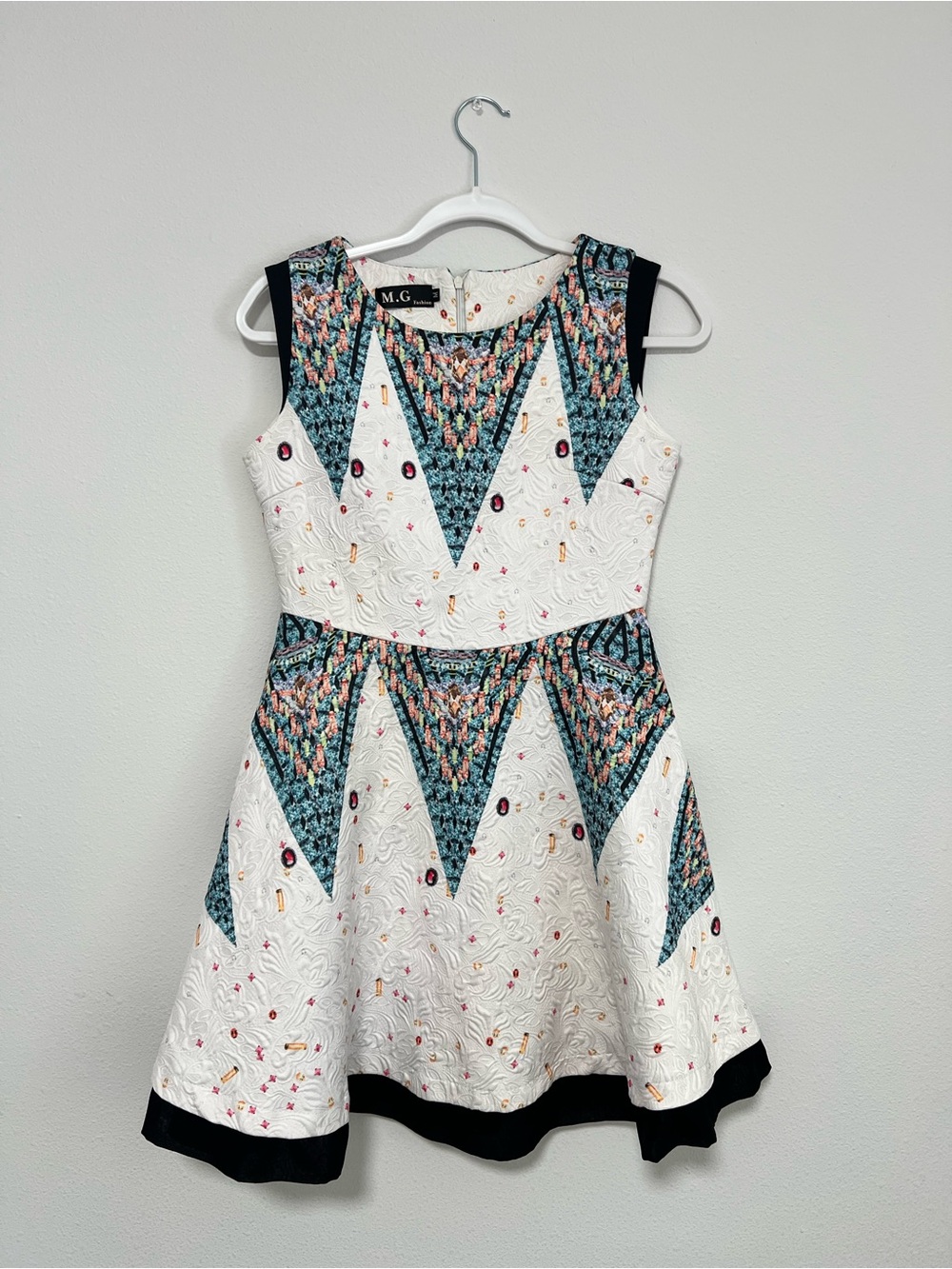 M.G Fashion Jewel Fit-and-Flare Textured Dress with Black Trim